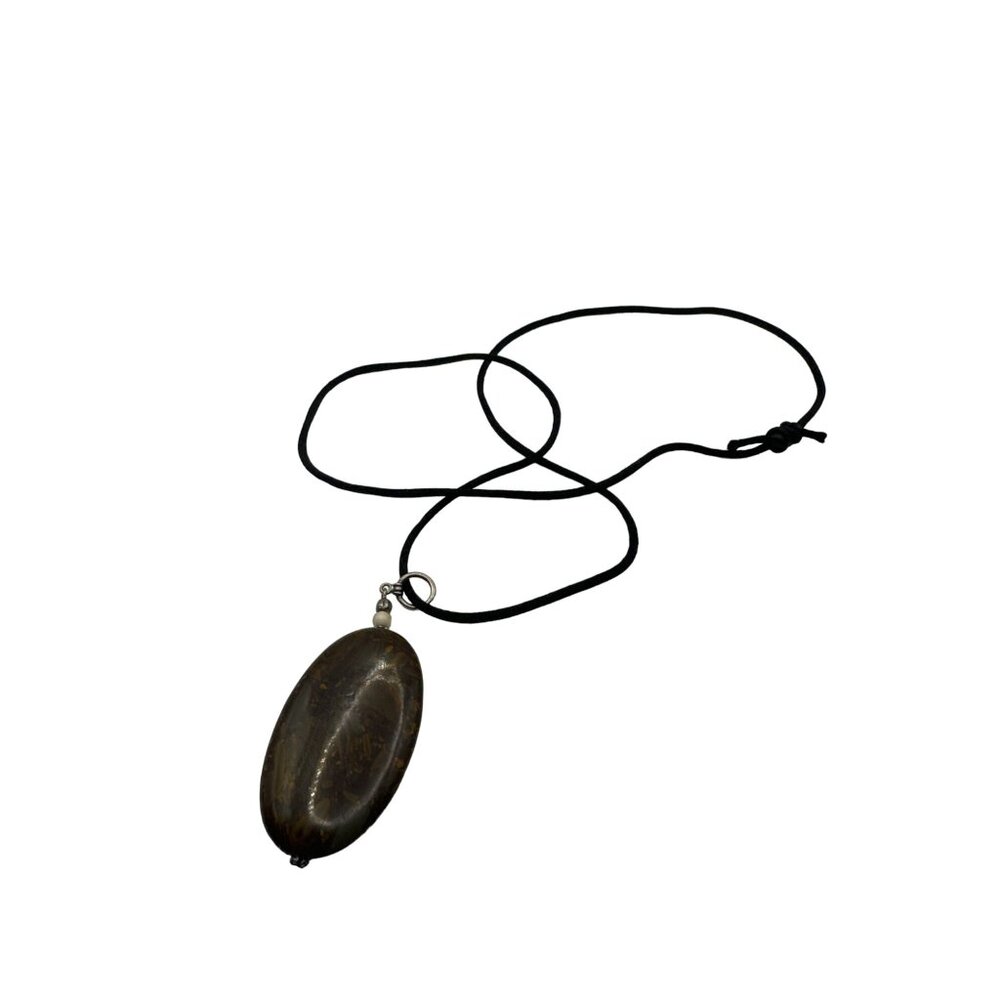 Brown Polished Oval Stone Pendant Necklace on Black Cord 16 inch